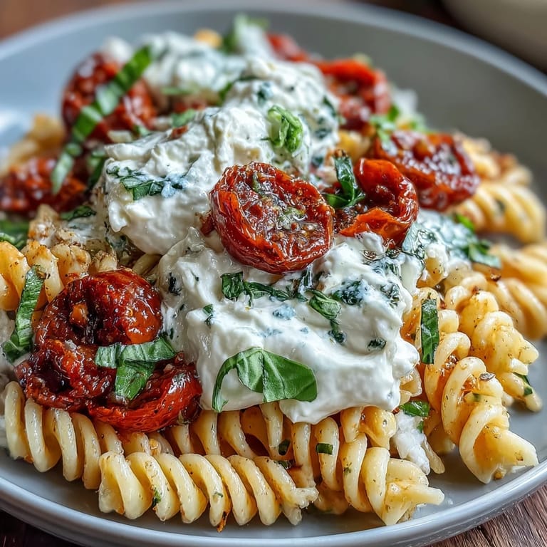 Creamy caprese pasta with burrata, cherry tomatoes, and fresh basil served on a wooden table.