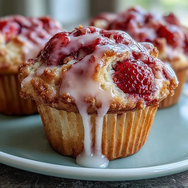 Moist muffins bursting with juicy strawberries and tangy lemon zest, topped with a sweet-tart lemon glaze for a springtime delight.
