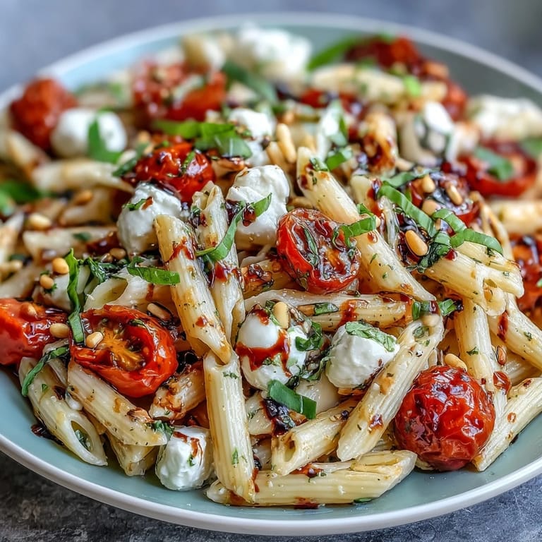 Freshly made Caprese pasta salad featuring al dente penne, ripe tomatoes, mozzarella, and aromatic basil leaves.