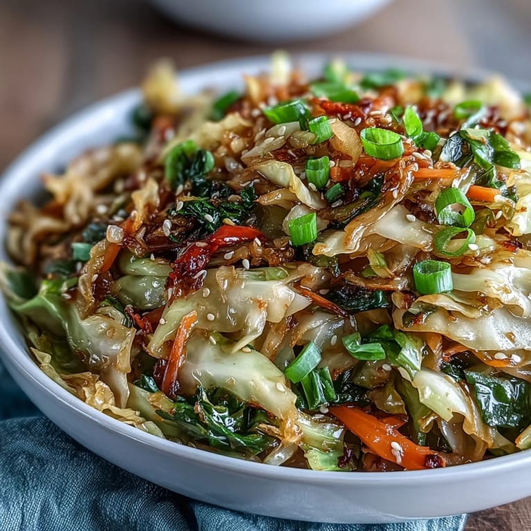 Wok-tossed spicy cabbage stir fry featuring vibrant green cabbage, fresh chilies, and aromatic ginger.  