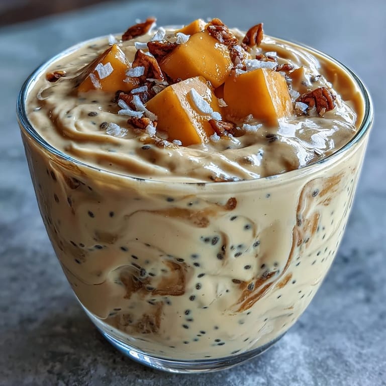 Thick and creamy tropical smoothie made with ripe mango, coconut milk, and chia seeds for a nutritious breakfast.  