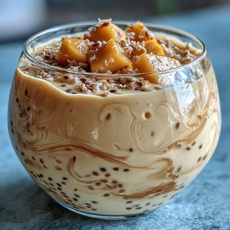 Refreshing mango coconut chia smoothie in a tall glass, garnished with chia seeds and a slice of fresh mango.