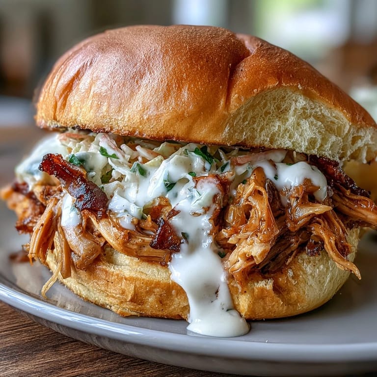 Juicy smoked chicken thighs shredded and tossed in creamy Alabama-style white BBQ sauce, served on toasted sandwich buns.  
