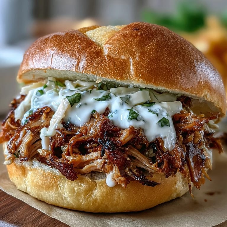 Tender, smoky pulled chicken on fresh buns, generously coated with zesty white BBQ sauce for a Southern-inspired sandwich.