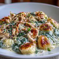 Creamy Spinach & Parmesan Gnocchi with Chicken served in a white bowl, featuring tender dumplings and wilted greens in a rich sauce.