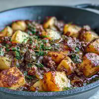 High protein ground beef with potatoes in a savory skillet, golden-brown potatoes nestled in seasoned beef.