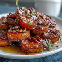 A warm dish of candied yams glazed with bourbon and brown sugar, topped with chopped pecans and aromatic spices.