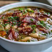 A steaming bowl of Ham and Great Northern Bean Soup, loaded with tender beans, savory ham chunks, and fresh vegetables in a rich broth.