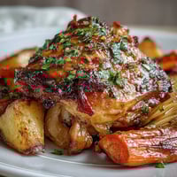 Golden roasted chicken with orange and herb marinade, surrounded by caramelized carrots, parsnips, and potatoes in a rustic roasting pan.