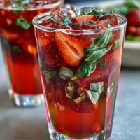 A refreshing glass of strawberry basil lemonade with vibrant red berries and green basil leaves floating on top.