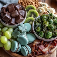 Festive St. Patricks Day treats charcuterie board brimming with green candies, themed cookies, and sweet snacks for a vibrant celebration.