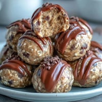 No-Bake Peanut Butter Oat Bites arranged on a rustic wooden board with chocolate chips visible.