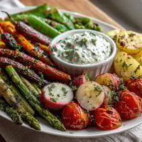 Vibrant spring vegetable platter with radishes, peas, and herb dip, perfect for fresh entertaining.