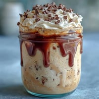 Vanilla Bean Frappuccino Overnight Oats Jar with creamy coffee layers and whipped cream topping.  