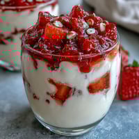 Strawberry compote swirls over creamy Greek yogurt with a honey drizzle, garnished with fresh mint.