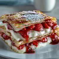 Beautiful layered strawberry crepe cake with fresh strawberries and vanilla cream, perfect for a special brunch or dessert centerpiece.  