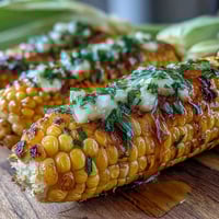 Microwave corn on the cob with garlic butter, golden and juicy, served hot with melted savory spread.  