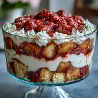 Beautiful layered Mothers Day Strawberry Shortcake Trifle with golden shortcake, juicy red strawberries, and billowy whipped cream in a glass bowl.