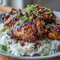 Honey garlic chicken thighs with rice, tender and glazed in a sweet soy sauce, served hot from the slow cooker.