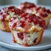 Fresh strawberry lemon muffins with a glossy lemon glaze, perfect for a bright and fruity breakfast treat.