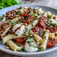 Caprese pasta salad with fresh basil, juicy cherry tomatoes, and creamy mozzarella in a vibrant summer dish.