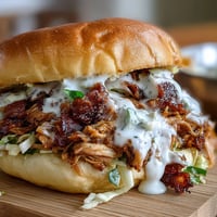 Smoked pulled chicken piled high on soft buns, drizzled with tangy white BBQ sauce and topped with crunchy coleslaw.  
